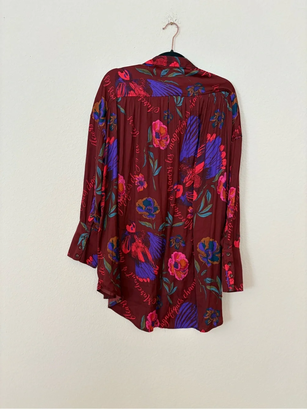 Free People Silky Night Burgundy Blue Floral Print Oversized Button-Down Shirt M